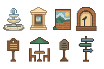 Cultural Icons Set. Cultural Hub Elements pixel style set: plaza fountain, gallery doorway, artisan booth, mural wall, performance stage, heritage marker, café table, wayfinding