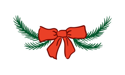 Hand drawn christmas border with red coquette bow and fir branches. Vector illustration for holiday greeting cards and invitations