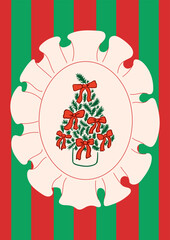 Holiday vintage greeting card with christmas tree and bows on striped background. Elegant coquette vector hand drawn illustration