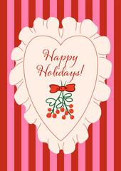 Holiday vintage greeting card with mistletoe and bow on heart shaped placemat with ruffles and striped background. Elegant coquette vector hand drawn illustration
