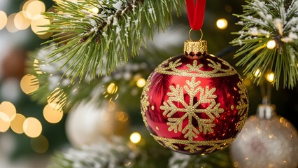 Festive christmas tree ornament in red and gold hangs among softly blurred evergreen branches and lights