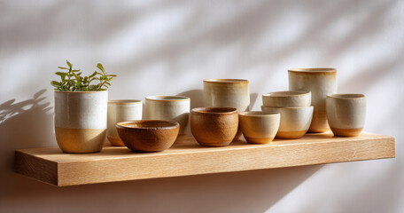 Minimalist ceramic cups and bowls arranged on a wooden floating shelf with soft natural light and shadows on a white wall background