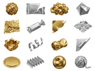 Realistic 3D rendered set of gold and silver foil shapes, textures, and packaging elements isolated on background