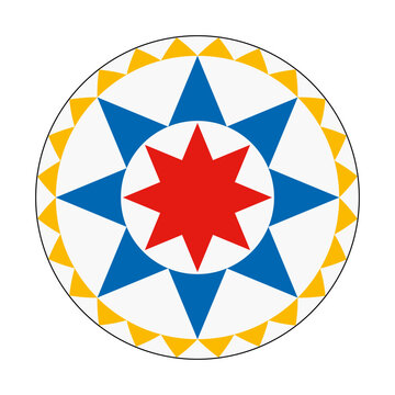 Hex sign with eight-pointed stars, symbol of luck and good fortune. Motif in the style of Pennsylvania Dutch folk art. A red and a larger blue 8-pointed star with jagged orange border on white field.