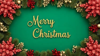 Festive christmas greeting with golden lettering surrounded by vibrant winter foliage and berries