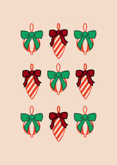 Holiday poster with christmas tree decorations. Set of balls with coquette bows. Hand drawn vector illustration