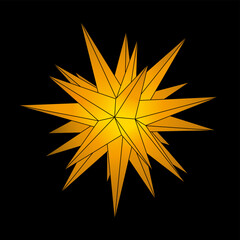 Yellow-orange glowing Moravian star on black background. Illuminated decoration used during Advent, Christmas, and Epiphany representing the Star of Bethlehem pointing towards the infant Jesus. Vector