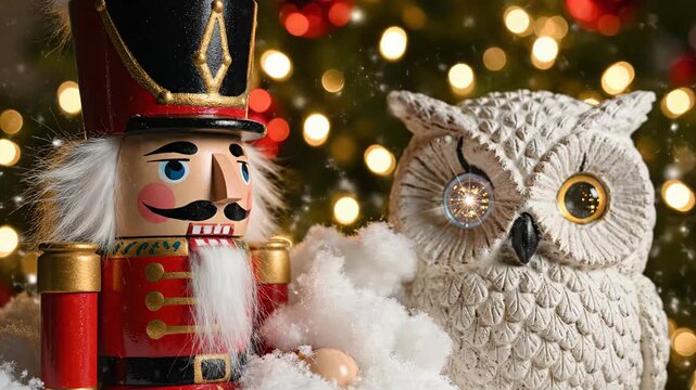 Nutcracker soldier and white owl figurine with sparkling eyes sitting in artificial snow against a bokeh christmas tree background christmas tree lights