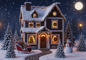 Festive christmas house with snow, lights, snowman, and gifts.