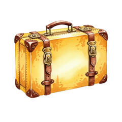 Watercolor Vintage yellow suitcase with leather straps isolated on a transparent background