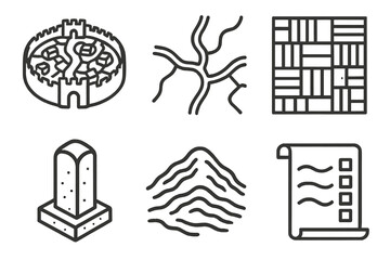 Fototapeta premium Historic Map Icons. Historic Layout Elements linear set: walled town sketch, road trace, field plot grid, boundary marker, terrain hill, map legend icon.