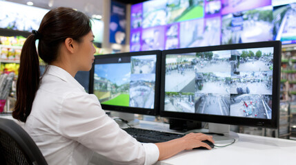 Asian woman monitoring multiple surveillance screens in a retail environment, showcasing security operations and technology in a professional workspace with modern equipment