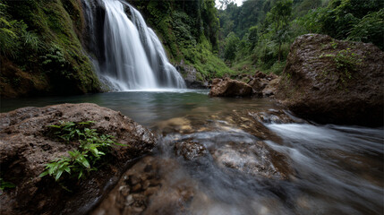 Fototapeta premium Lush jungle waterfall cascading into a clear pool.
