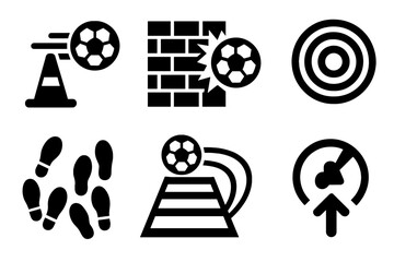 Bold Training Icons. Training Ball Skills Set silhouette set: cone dribble, wall pass icon, first-touch target, step-pattern layout, touch ladder, control arc, timing whistle,