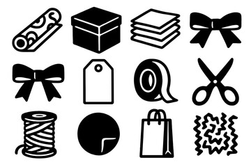 Bold Packaging Icons. Packaging & Wrap Supplies silhouette set: festive wrap roll, rigid box, tissue stack, fabric ribbon, looped bow, note tag, stick-on tape, precision scissors,