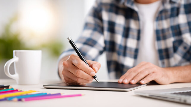 Male designer in checkered shirt using digital tablet for creative work, with colorful markers and coffee cup on table, showcasing modern workspace and artistic process - Powered by Adobe
