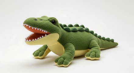 Fototapeta premium A stuffed alligator, green with a textured body and open orange-lined mouth, rests against a white backdrop