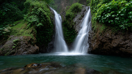 Naklejka premium Lush jungle waterfall cascading into a clear pool.
