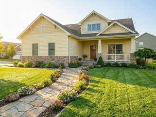 New and Modern colorful Craftsman Cottage House with Curb Appeal, grass lawn turf with timber edging, and a big flowers garden