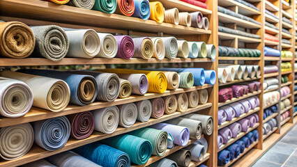 Rolls of colorful fabric in a textile shop, close-up