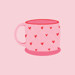 Cute pink mug with small red hearts. Cozy romantic illustration for Valentine&rsquo;s Day, cards, stickers, and sweet decorative designs.