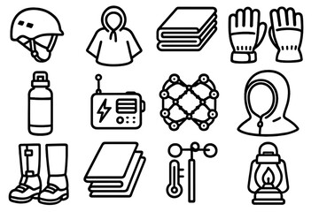 Outdoor Safety Gear. Terrain & Weather Safety Items linear set: trekking helmet, rain poncho, heat shield cloth, cold-weather gloves, insulated water bottle, storm alert radio,