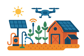 Naklejka premium Smart farming technology with drone monitoring and solar powered irrigation
