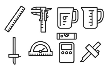 Precision Tools Icons. General measuring equipment linear set: yardstick, sliding caliper, spirit level, measuring jug, depth gauge, angle protractor, pocket scale, marking gauge.