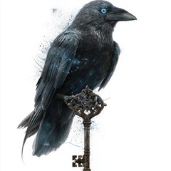 Obraz premium Raven Perched on Ornate Antique Key