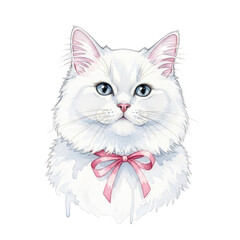Watercolor White cat with blue eyes and pink bow isolated on a transparent background