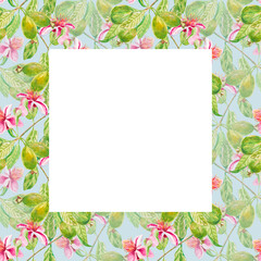 Feijoa. Square template for invitation, greeting card, label, banner with place for text with feijoa leaves, buds, fruits, flowers. Watercolor hand drawn illustration with copy space