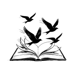 Illustration of a book and above it a collection of flying birds, World Literacy and Education Day