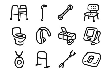 Elderly Care Icons. Elderly Assistance Devices linear set: mobility walker, adjustable cane, grab bar, shower chair, raised toilet seat, hearing aid, pill organizer, blood pressure