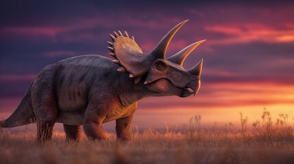 Fototapeta premium Triceratops horridus grazing at sunset in field