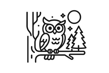 Fototapeta premium Minimalist owl perched on tree branch under night sky with moon