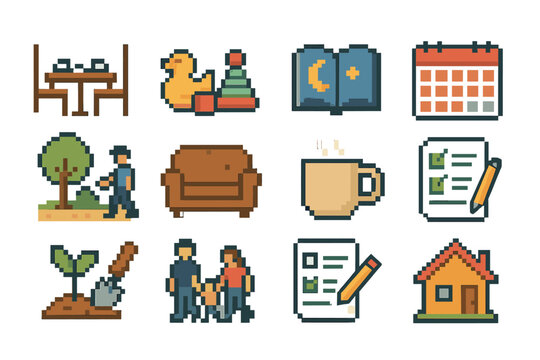 Family Life Icons. Family Life Icons pixel style set: dinner table, playtime toys, bedtime book, family calendar, weekend outing symbol, cozy sofa, morning routine cup, chore chart