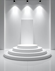 Obraz premium Minimalist White Stage With Circular Steps Spotlight Lighting Indoor Studio