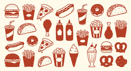 Fast Food. Icon Set. Red. A vector collection of classic American junk food icons with a grunge texture for a restaurant menu, a food truck's branding, or a retro diner poster design. © MH HASIB