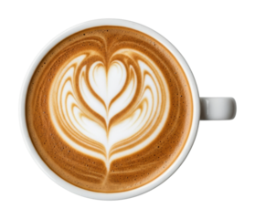Creating latte heart design coffee shop beverage top view isolated on transparent background