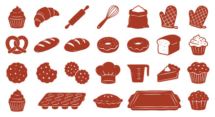 Bakery. Pastry. Icon Set. A red vector collection of baking icons with a grunge texture for a bakery's branding, a cafe menu, a cookbook, or a creative packaging design element asset.