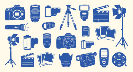 Photography. Equipment. A blue vector icon set of various camera and photography gear for a photo studio's branding, a technology blog, a manual, or a creative design project.