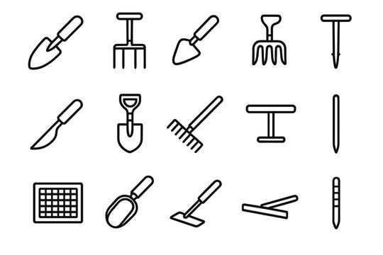 Earth Prep Tools Icons. Earth Prep Tools linear set: planting trowel, broad fork, chopping hoe, ground cultivator, soil spoon, trench spade, yard rake, aeration rod, sift frame,