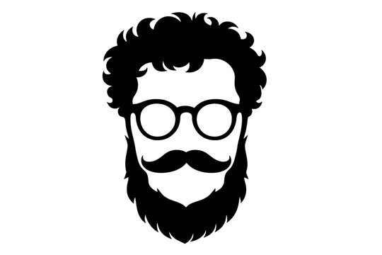 Hipster man face silhouette with curly hair glasses and mustache
