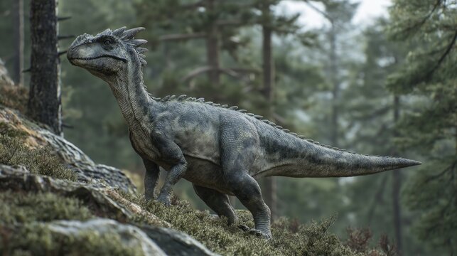 Allosaurus fragilis Walking Through Pine Forest