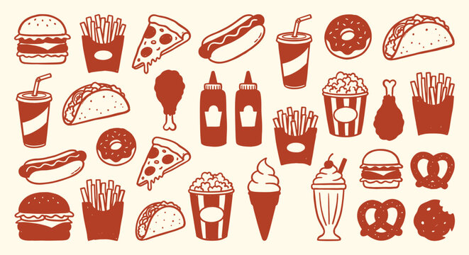 Fast Food. Icon Set. Red. A vector collection of classic American junk food icons with a grunge texture for a restaurant menu, a food truck's branding, or a retro diner poster design.