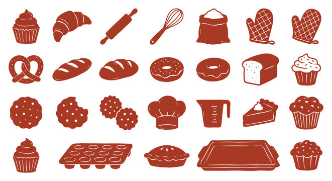 Bakery. Pastry. Icon Set. A red vector collection of baking icons with a grunge texture for a bakery's branding, a cafe menu, a cookbook, or a creative packaging design element asset.