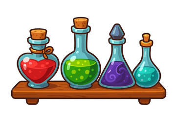 Colorful magic potions in glass bottles on a wooden shelf