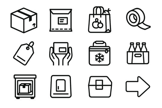 Parcel Collection Icons. Home Parcel Collection linear set: packed box, soft mailer, printed label, grocery delivery bag, tape reel, dispatch tag, handle-with-care sticker, thermal