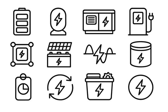 Energy Storage Icons. Clean Power Reserve Set linear set: battery module, energy pod, backup generator icon, charge hub, voltage regulator, solar battery rack, peak-shaving symbol,