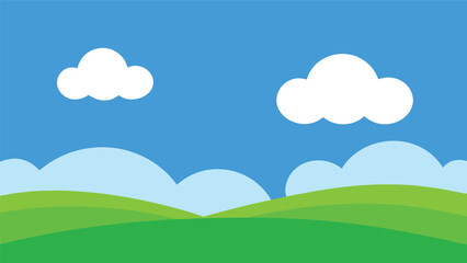Simple cartoon landscape with green hills and fluffy white clouds